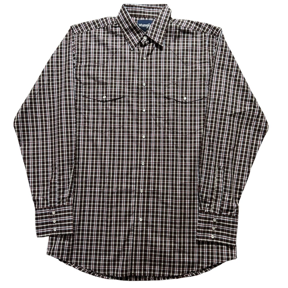 Wrangler Western Shirt Men LT Brown Plaid Pearl Snap Long Sleeve Cotton MWR203M